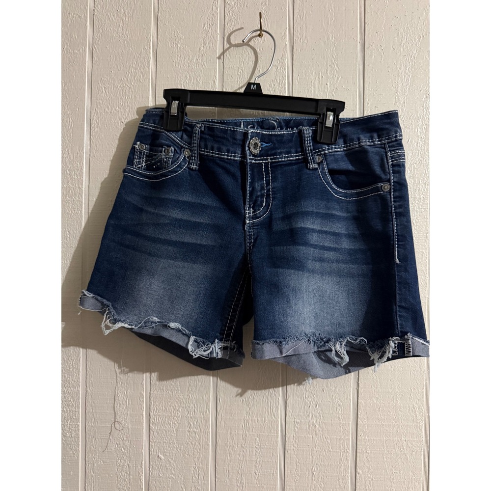 Ariya Jeans Womens Dark Wash Denim Cut Off Shorts Embroidered Pockets Size 3/4
